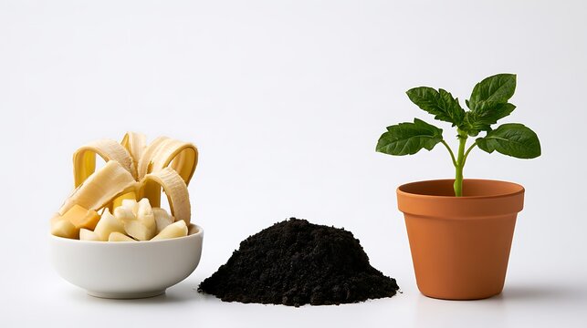 Conceptual studio still life illustrating a food waste composting cycle through three distinct groups arranged from left to right,