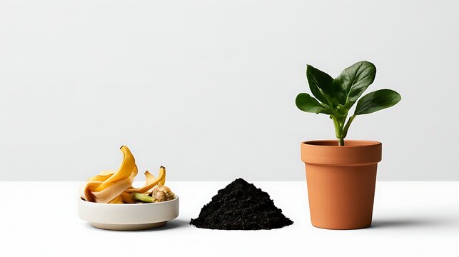 Conceptual studio still life illustrating a food waste composting cycle through three distinct groups arranged from left to right,