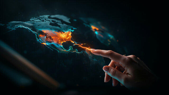 Woman's hand tracing glowing 3D heatmap on dark map in black room