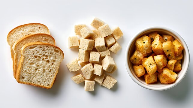 Overhead commercial food photograph of three stages arranged in separate tidy groups from left to right, a few plain day-old bread slices,