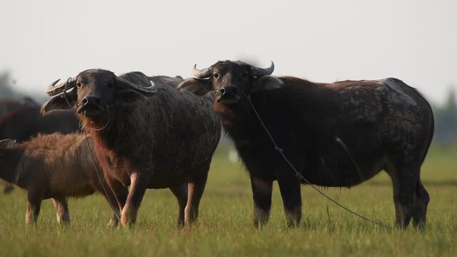 Two horned water buffaloes standing together in open pasture field with small bird flying above. Pastoral bovine livestock farming, rural countryside wildlife, and natural animal behavior concept.