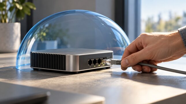 Hand Plugging Cable Into Desktop Router Protected By Blue Glass Security Dome At Office