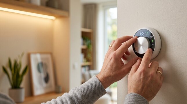 Person adjusting the temperature on a modern smart home wall thermostat.