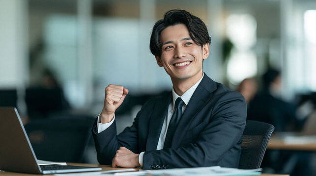 成長と自信を感じさせるガッツポーズをする新社会人の職業シーン