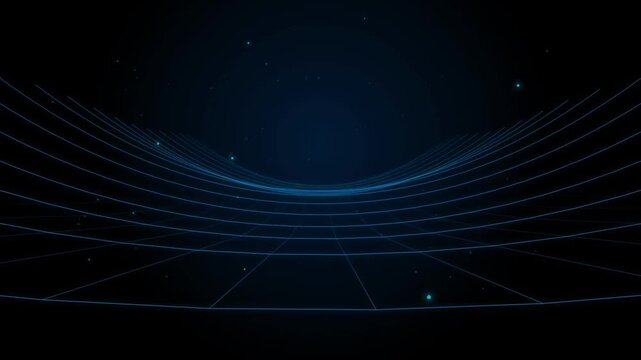 Glowing blue grid lines curving in deep space with floating particles against a dark background in a panoramic view with curved grid