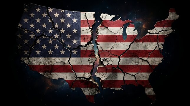 Cracked USA map with American flag texture