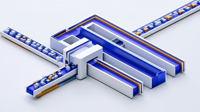 Conceptual 3D visualization of AI removing a workflow bottleneck, a queue of small task cubes approaching a narrow entry channel on the left