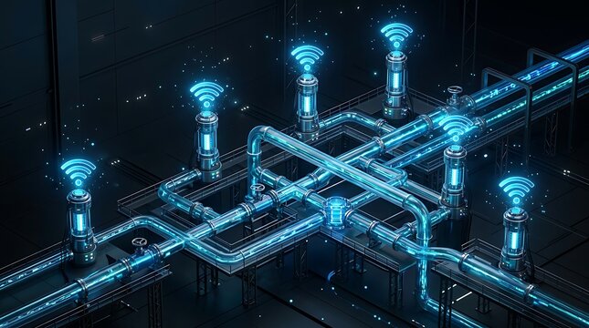 Digital infrastructure with glowing blue pipes and signals