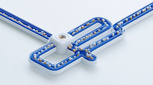 Conceptual 3D visualization of AI removing a workflow bottleneck, a queue of small task cubes approaching a narrow entry channel on the left
