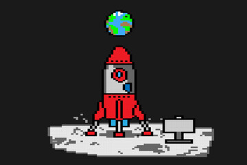 Pixel art of a red space rocket landed on the moon surface with a computer station, viewing planet Earth in the dark cosmos. © Hansen Pratomo