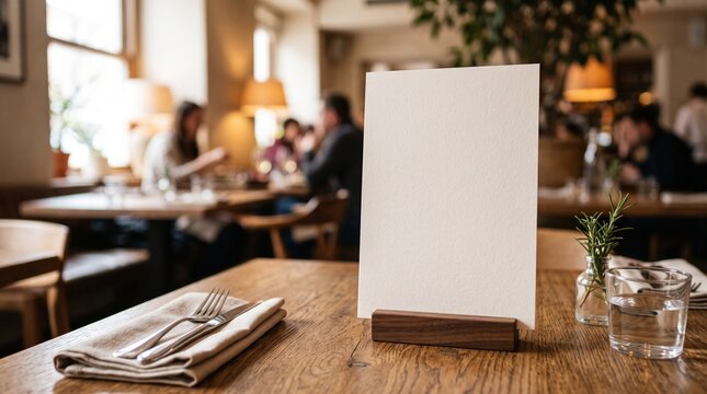 Restaurant Table Setting with Blank Menu: A beautifully set restaurant table awaits diners, featuring a neatly folded napkin, cutlery, a glass of water, and a blank menu card ready for customization.