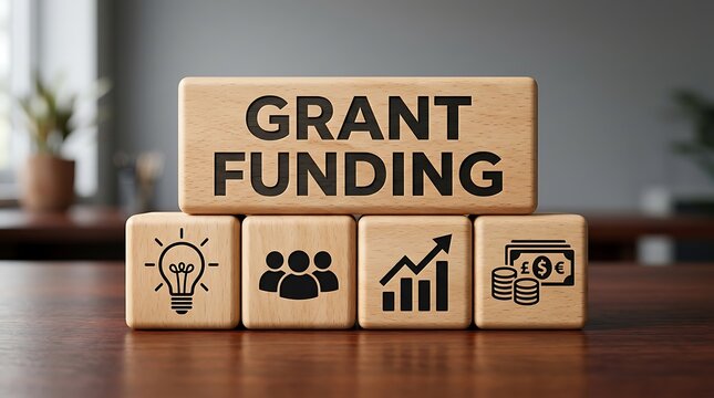 Wooden blocks with grant funding and business concept icons