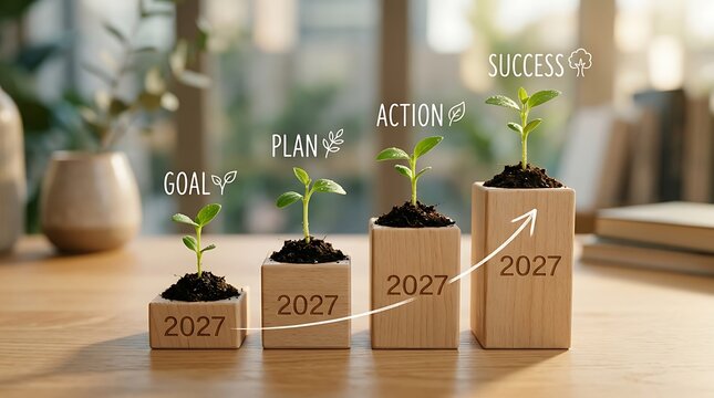 Wooden blocks with growing plants illustrating success steps for 2027