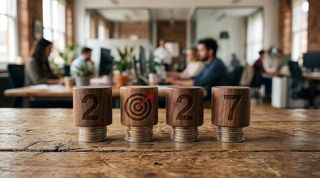 Wooden number blocks with target symbol on coin stacks