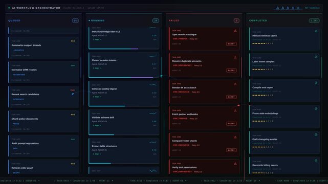 Explore a sophisticated AI workflow management dashboard in dark mode showcasing the lifecycle of tasks through queued, running, failed, and completed states with vibrant colors and smooth animations.