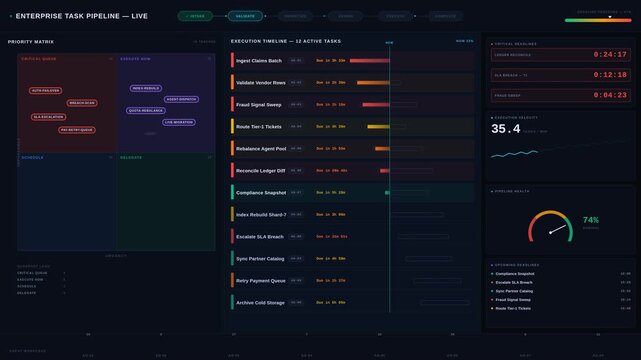 Experience a high-tech enterprise agent task pipeline dashboard in dark mode, showcasing priorities, deadlines, and execution status with dynamic animations and real-time updates.