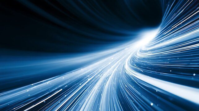 abstract fiber optic tunnel in blue and white, glowing light paths moving toward the distance, futuristic speed and broadband concept