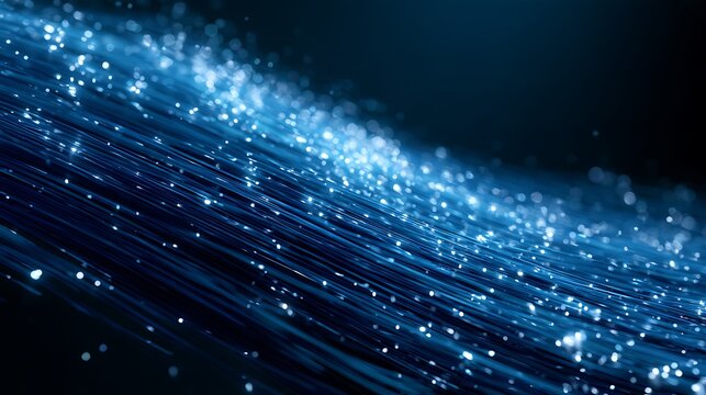 high-speed fiber optic data highway, glowing blue strands and white light particles sweeping diagonally, abstract innovation concept