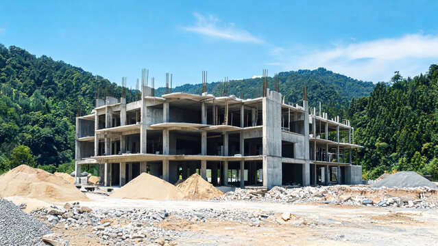 An incomplete multi-story concrete building under construction at an outdoor site, with construction materials and forested mountains in the background.
