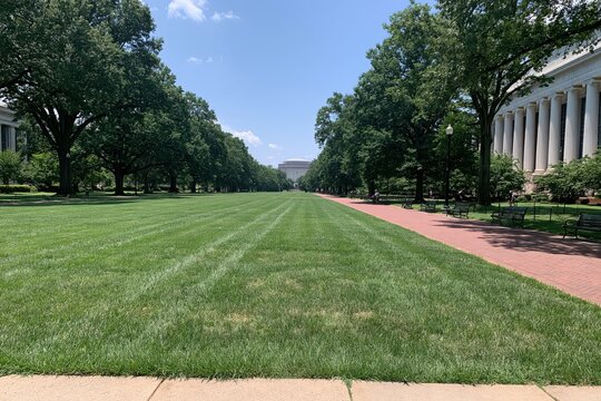 Long manicured lawn leading to a classical building