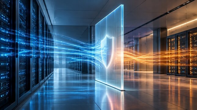 Glowing Digital Security Shield Wall Filtering High Speed Data Streams