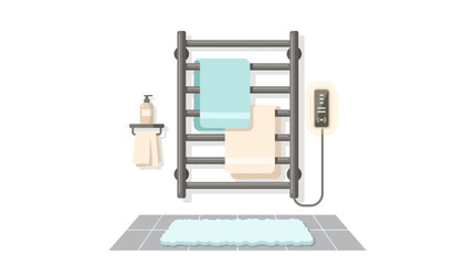 Obraz premium Modern smart electric towel warmer with digital control panel and towels in bathroom flat vector illustration