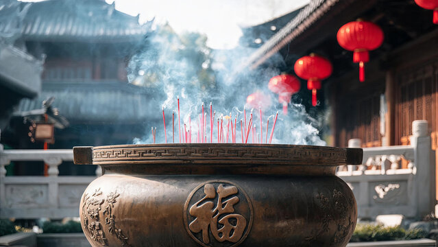 A bronze incense burner with burning incense sticks in a traditional temple courtyard with red lanterns and classic architecture.