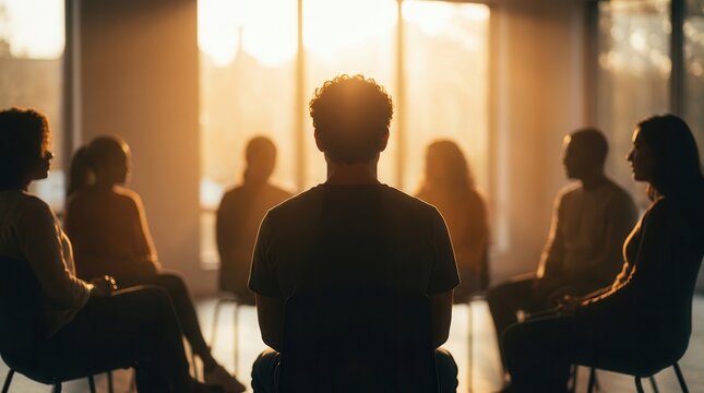 Back view of a young man in a group therapy meeting with blurred people in background.