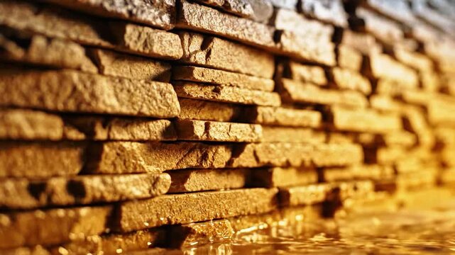 A textured stone wall with uneven layers and a warm, golden light illuminates the rough surface and reflects in the water below.