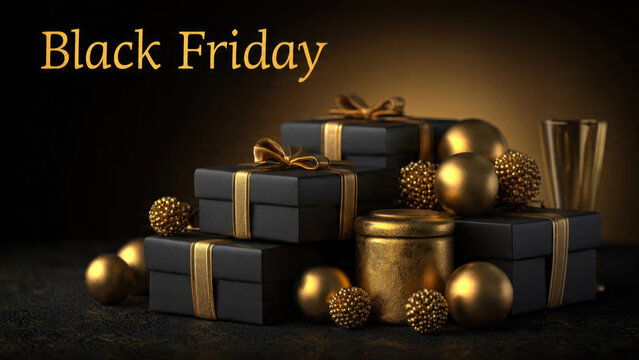 Black Friday sale with elegant gift boxes and golden ornaments on dark background