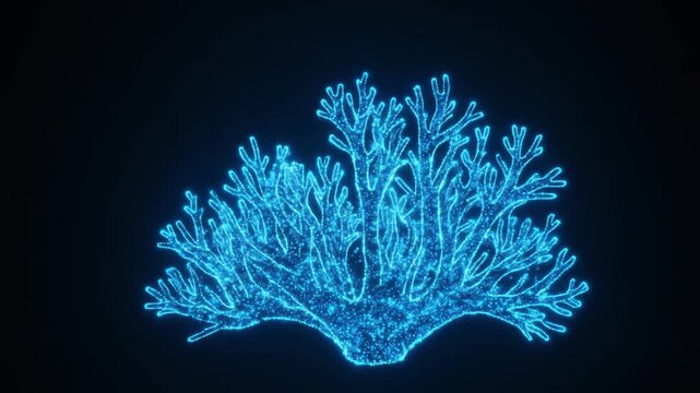 Glowing blue particles forming a coral reef silhouette, representing marine conservation and ocean sustainability for ESG environmental and climate action media.