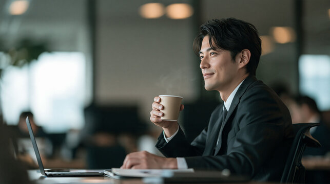 新社会人として成長しながら働く社員の休憩中のコーヒータイムイメージ