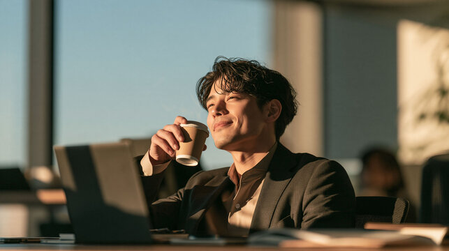 オフィスでコーヒーブレイクをしながらリラックスする若手社会人の姿