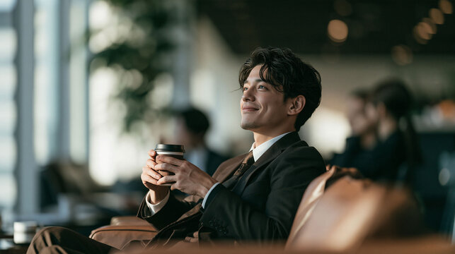 仕事の合間にコーヒーでひと息つく新入社員の明るいビジネスシーン