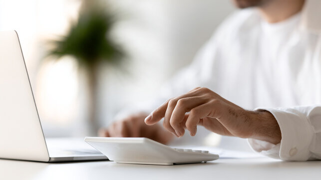 Business Professional Hands Using Calculator On White Office Desk Close Up Concept