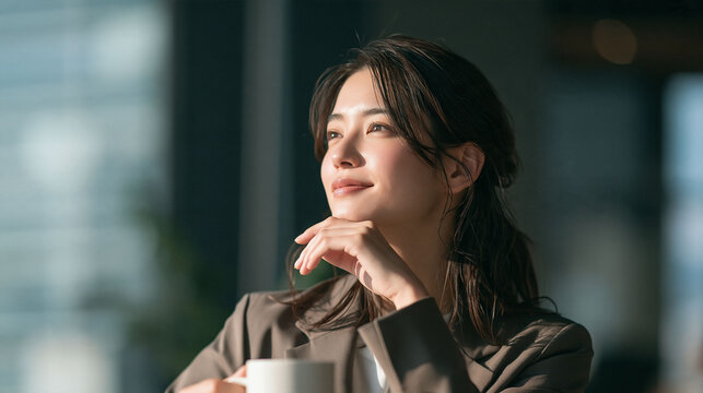 新しい職場で前向きに働く新社会人が休憩中にリフレッシュするシーン