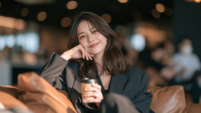 オフィスで休憩時間にコーヒーを飲む新入社員の爽やかな仕事風景