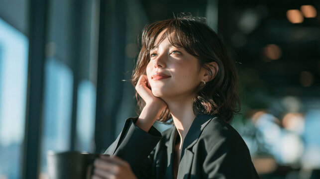 やりがいのある仕事の合間にひと息つく若手社会人のコーヒーブレイク風景
