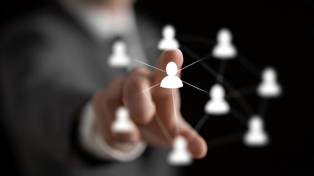 Businessman Hand Touching Digital Social Network Connection Nodes Icon Virtual Screen  
