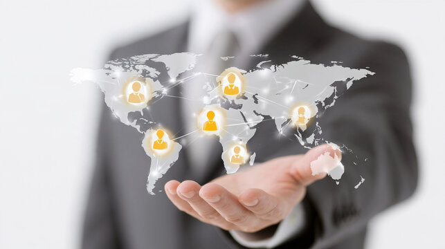 Businessman Touching Global Network Communication Map Points Virtual Screen Concept Image   