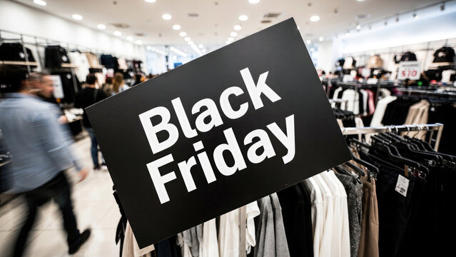 Black Friday sale sign held in a busy clothing store with blurred shoppers