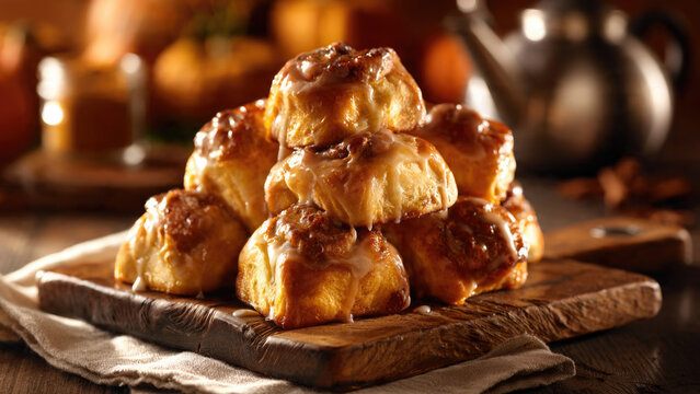 Delicious cinnamon rolls stacked on a wooden board with autumn background and warm lighting