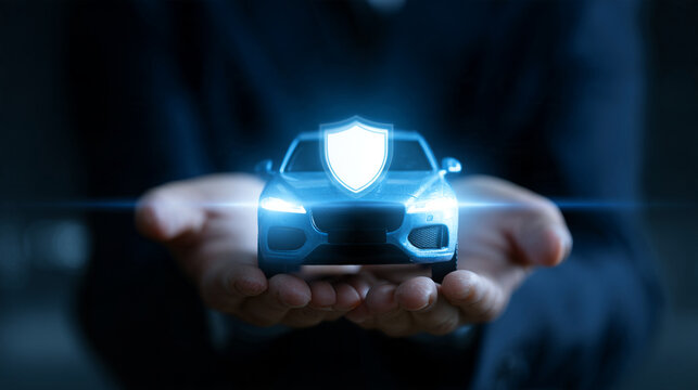 businessman holding a Model Car with Protective  Digital Shield Icon  