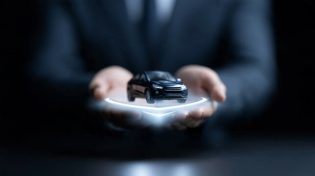 businessman holding a Model Car with Protective  Digital Shield Icon  