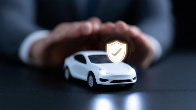 White Model Car Under Protective Businessman Hands With Digital Shield Icon  