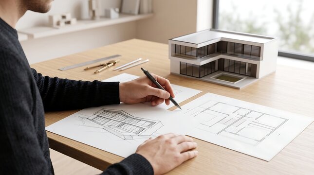 Architect working on modern residential house floor plan with detailed building scale model on desk for professional construction project planning and interior design development office space