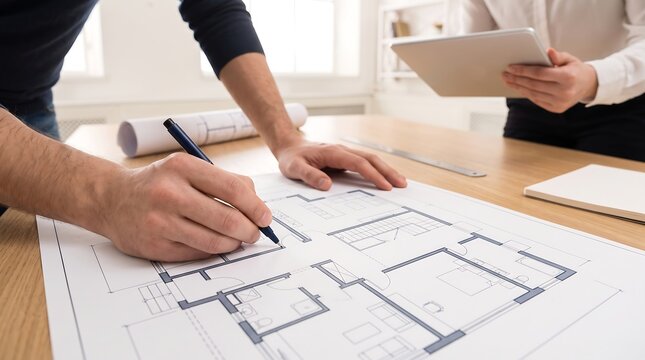Architect using pen to draw on residential floor plan in office with colleague holding tablet for collaborative construction project development and interior design planning session