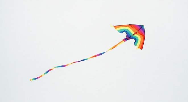 A Rainbow Kite Ascends: A vibrant, rainbow-colored kite soars gracefully against a clear, pale sky, its long, patterned tail trailing playfully in the unseen wind. A symbol of freedom and joyful play.