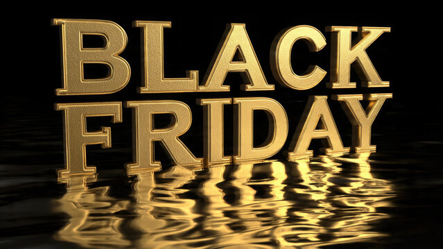 Golden Black Friday text with water reflection on a dark background promotional sale concept