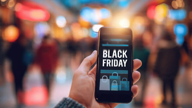 Hand holding smartphone displaying black friday sale advertisement with blurred shopping crowd background